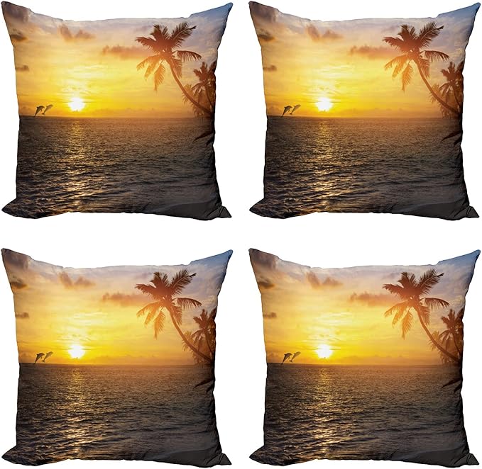Ambesonne Beach Decorative Throw Pillow Case Pack of 4, Palm Trees in Tropical by Ambesonne