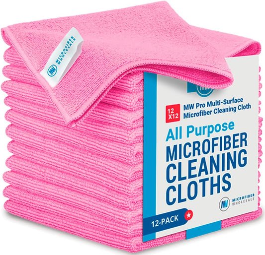 Microfiber Wholesale 12" x 12" MW Pro Multi-Surface Cleaning Cloths Pink - 12 Pack | Premium Microfiber Towels for Cleaning Glass, Kitchens, Bathrooms, Automotive, Supplies & Products