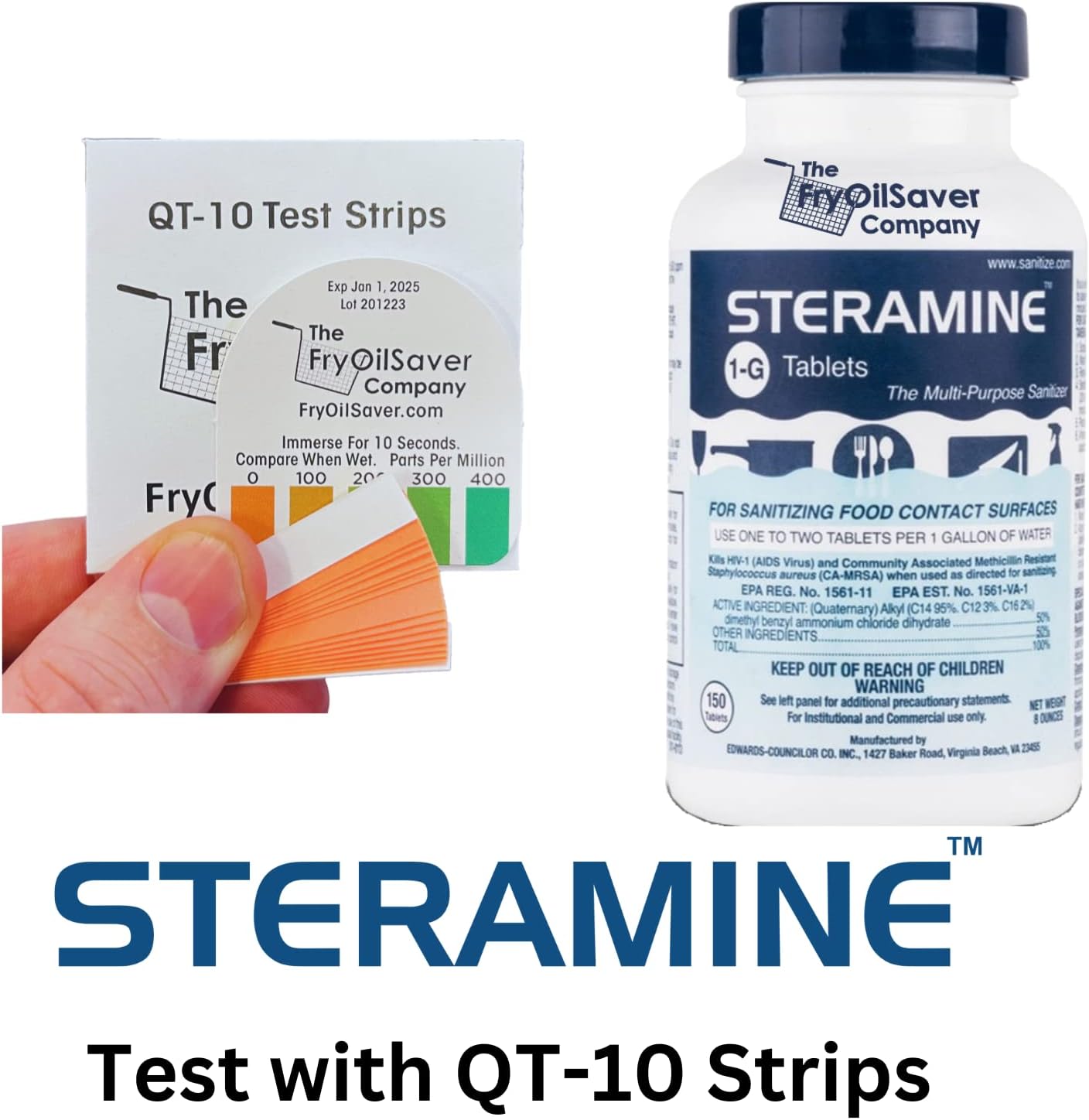 1 Bottle Steramine Sanitizer Tablets w/15x QT-10 Test Strips - Multi Purpose Steramine Sanitizing Tablets for Food Contact Surface, Kitchen, Restaurant, Food Service by FryOilSaver (150 Count)