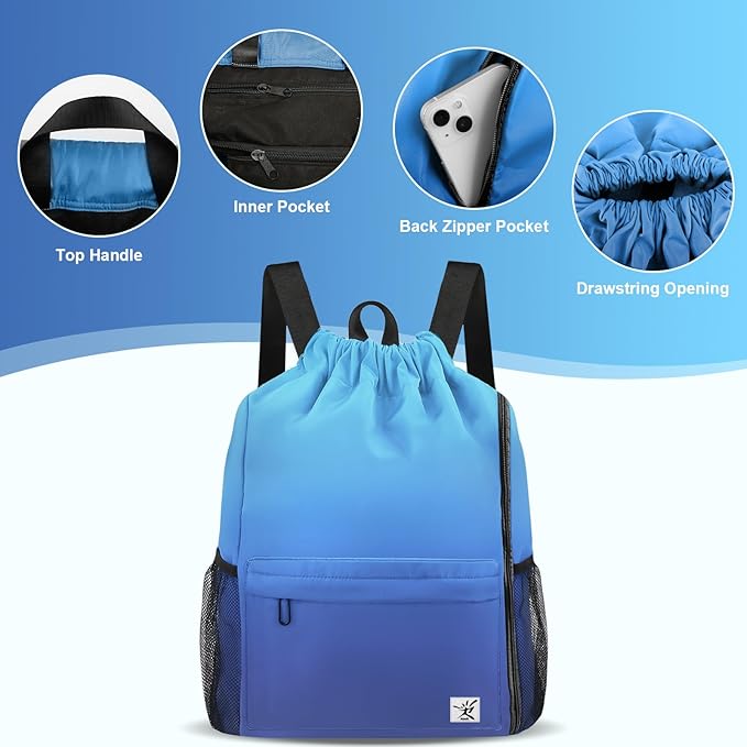 Drawstring Backpack with Mesh Pockets String Gym Bag Sackpack Sandproof Water - Image 4