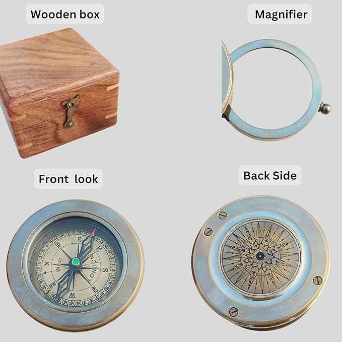 Vintage Brass Compass with Wooden Box – Antique Navigation Compass - Image 2