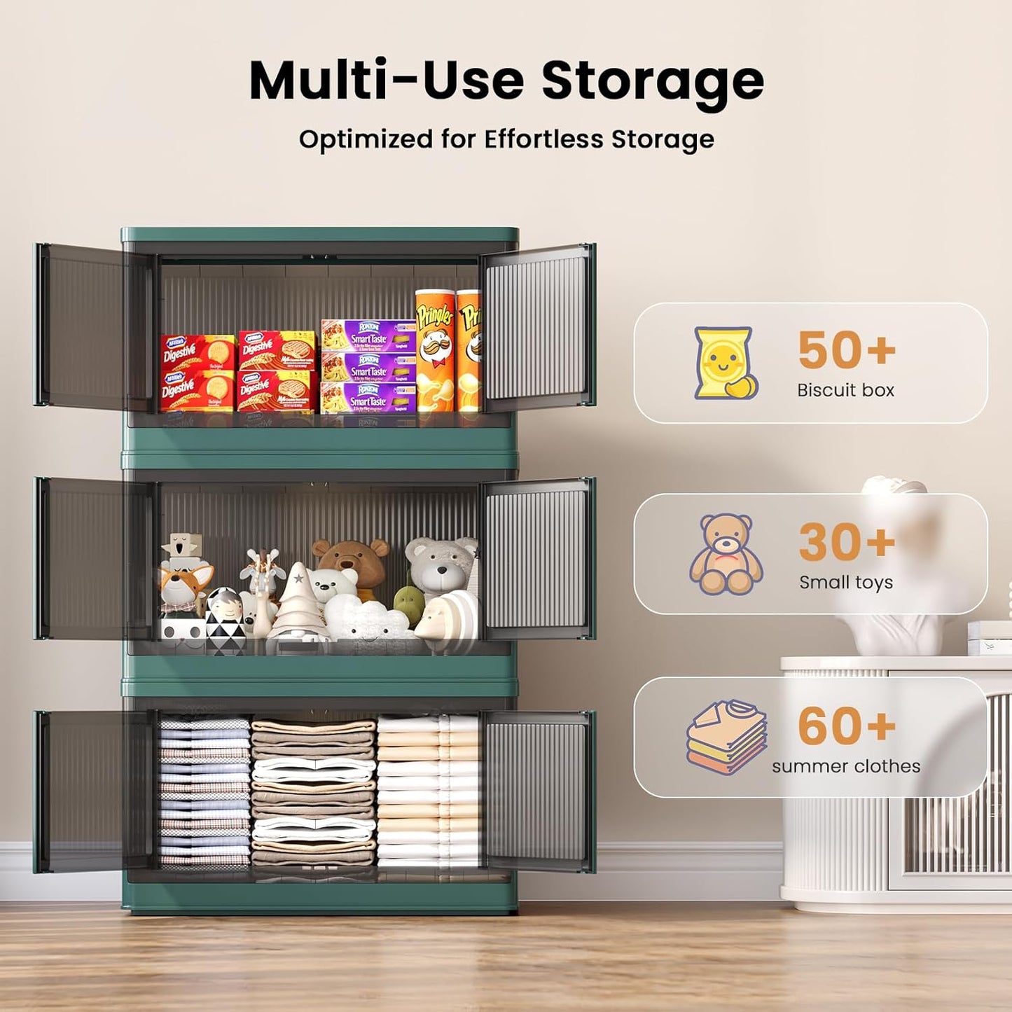 19Gal Collapsible Storage Bins with Lids & Wheels - 3 Pack Stackable with Doors, Heavy-Duty Plastic Containers for Home/Office, Green