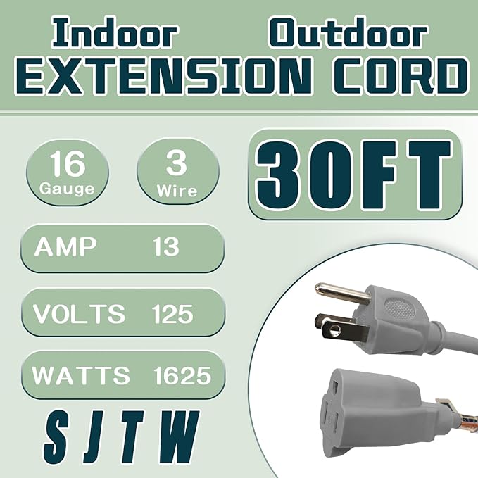 Indoor Outdoor Extension Cord 30 FT, 16/3 SJTW Weatherproof Grey Electrical - Image 2