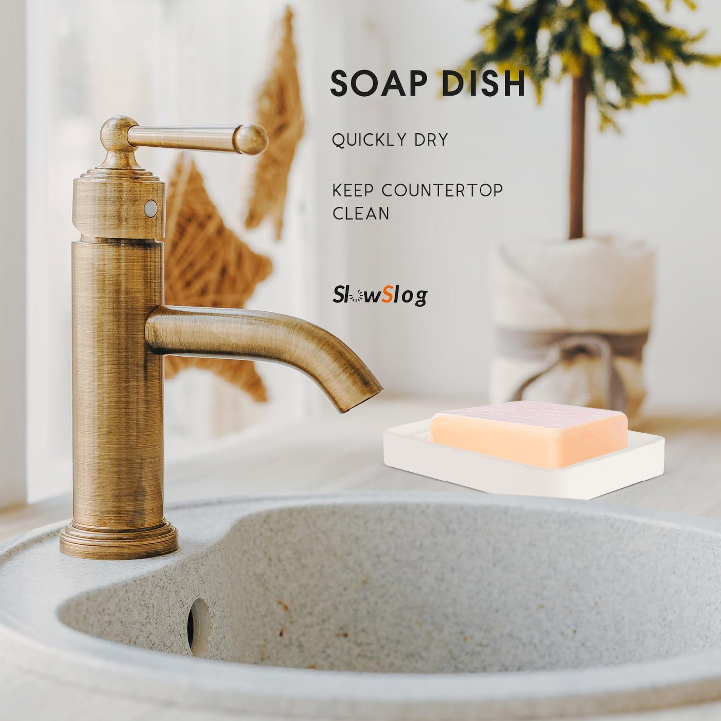 1 Pack Diatomite Soap Dish Holder, Quick Dry Stone Bath Tray, Diatomaceous Earth Stone Soap Holder, Water Absorbent Rectangular Soap Dish for Bar Soap, White