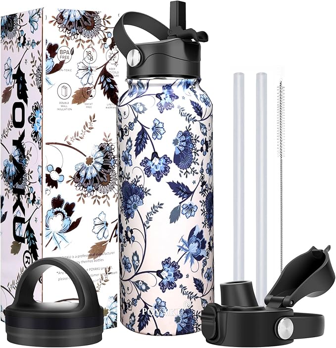 Water Bottle Insulated 32oz 40oz 64oz 128oz Straw Lid Spout Lid & 3 Lids by POYAKU