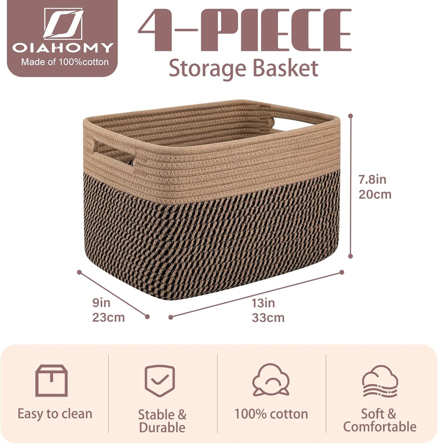 OIAHOMY 4 Pack Storage Baskets for Organizing, Basket for Shelves with Handle, Woven Baskets for Storage Toys, Towels, Books, Cotton Rope Basket 13" L x 9 " W x 7.8 " H, Brown & Black