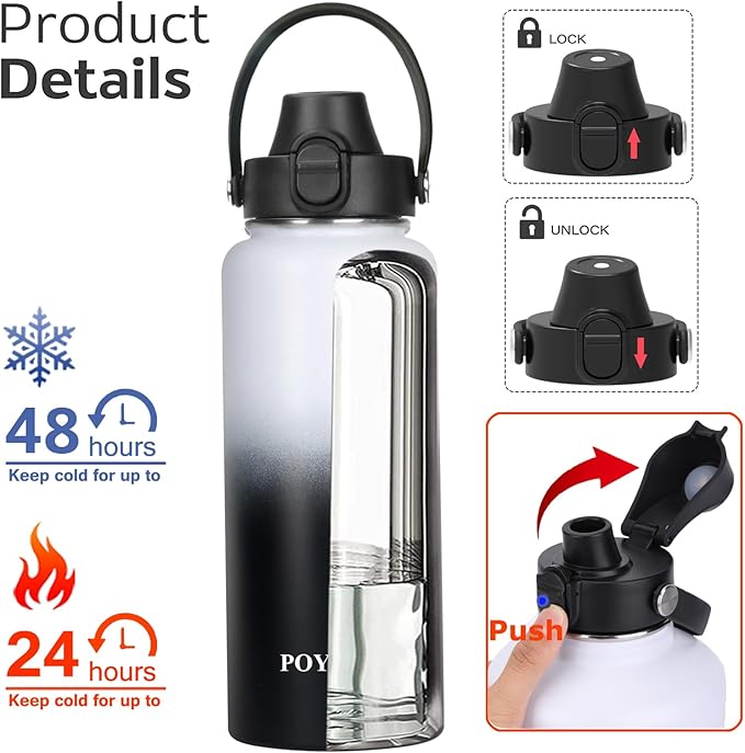 Water Bottle Insulated 32oz 40oz 64oz 128oz Straw Lid Spout Lid & 3 Lids - Image 2