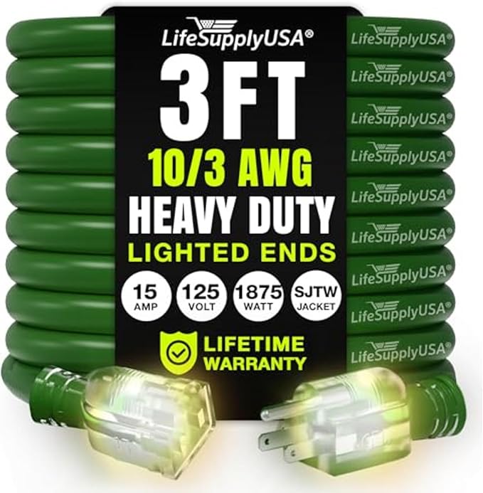 3ft Outdoor/Indoor Extension Cord 10/3 Gauge Ultra Heavy Duty 3 Prong SJTW by LifeSupplyUSA