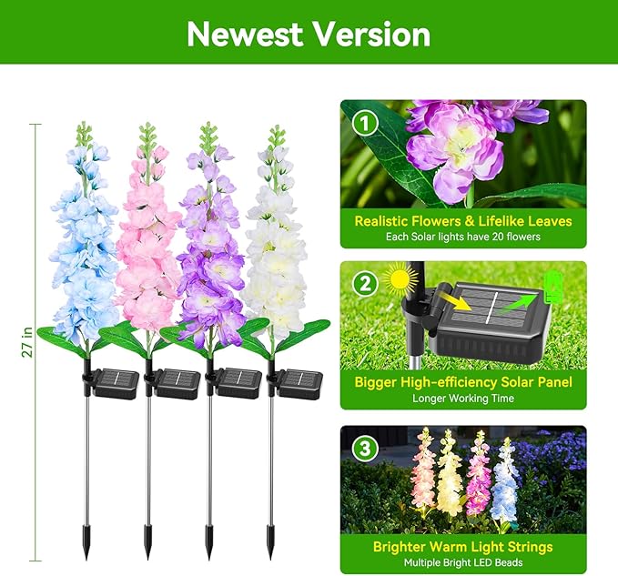 KOOPER Solar Lights Outdoor Garden Decor, 4 Pack Upgraded Delphinium Solar - Image 7