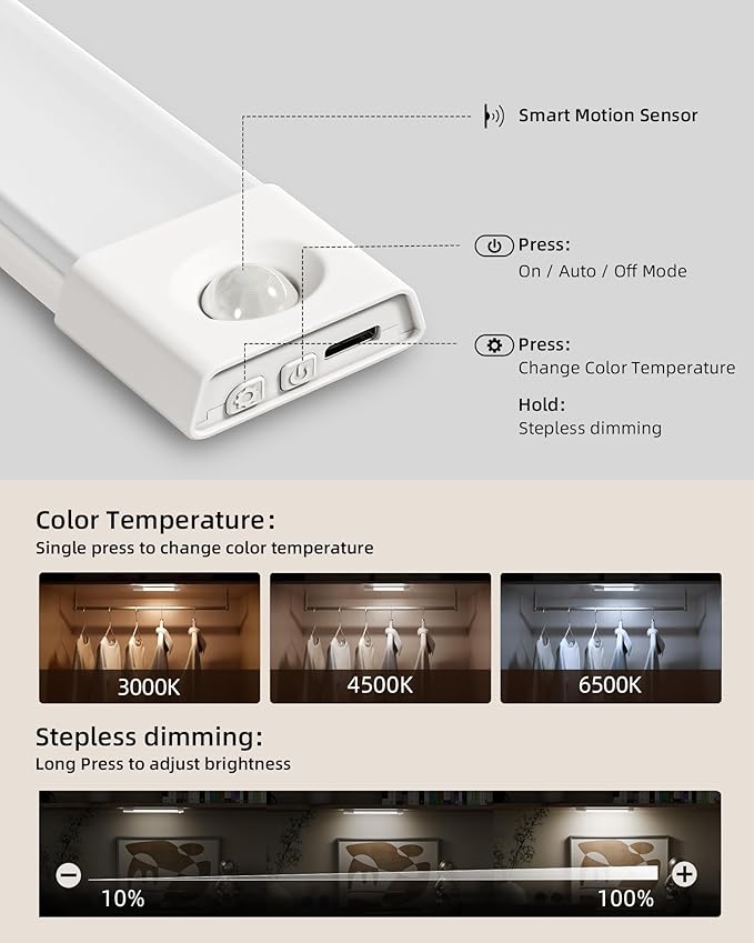 EZVALO 3 Pack 8” Motion Sensor Light Indoor, Wireless Under Cabinet Lighting - Image 3