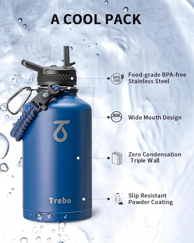 Trebo Water Bottle 64oz with Paracord Handle, Half Gallon Large Vacuum Triple - Image 6