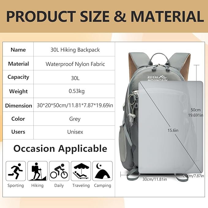 Hiking Backpack With Rain-cover, 30L Travel Backpacks - Image 2
