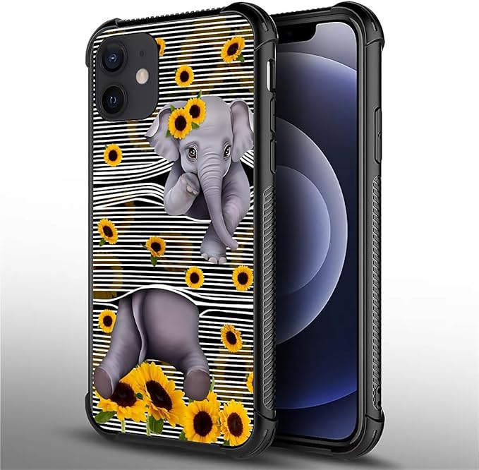 for iPhone 12/12 Pro Case, Cute Little Elephant Sunflower White Line Art - Image 2