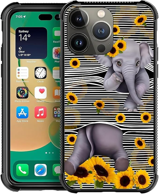 for iPhone 12 Pro Max Case, Cute Little Elephant Sunflower White Line Art by FKBRCL4U