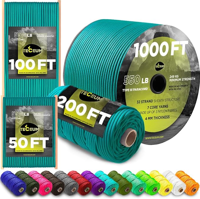 TECEUM Reflective Paracord Rope 1000 – 1000ft/200ft/100ft/50ft – 40+ Colors – by TECEUM