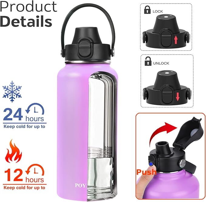 Water Bottle Insulated 32oz 40oz 64oz 128oz Straw Lid Spout Lid & 3 Lids - Image 2