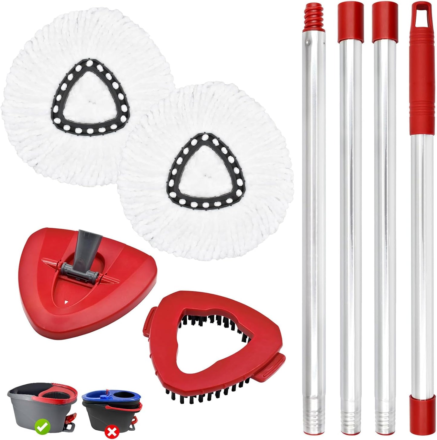 Spin Mop Replacement Handle, 2 Pack Mop Head&Base Scrub Brush 4-Section 30-to-58 inch Mop Replacement Stick Compatible with Ocedar Mop Handle for Easy Wring Mop Refills