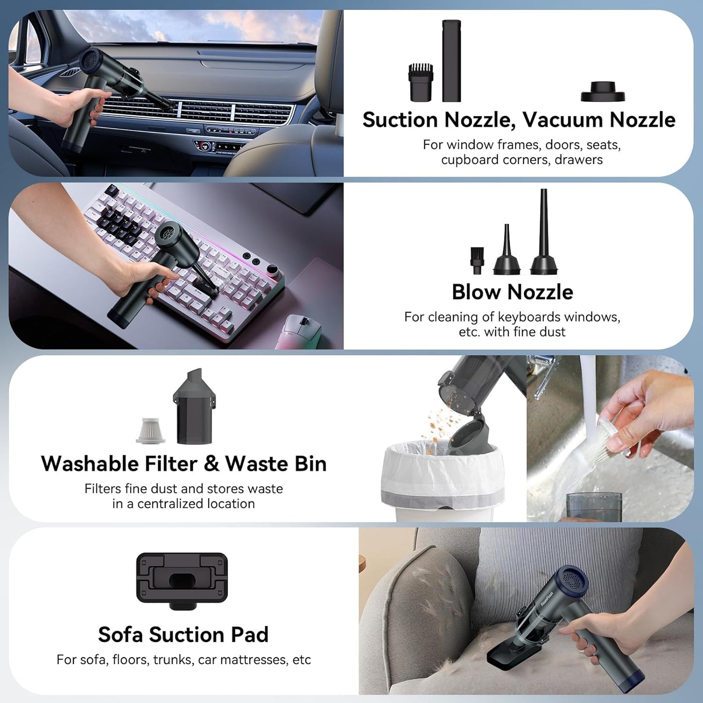 FOUNFOUN Handheld Vacuum Cordless, Portable Car Vacuum, High Power Cleaner for Pet Hair/Car/Home, Suction & Blow 2 in 1, 17-30 Min Run Time, Small Lightweight Gadget, Type-C Rechargeable