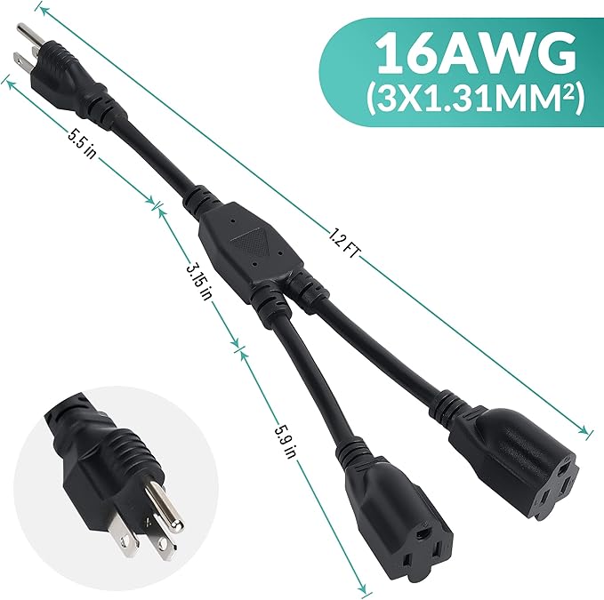 Elecan 3-Prong Y Splitter Power Extension Cord 1 FT/3 Pack, Straight Plug 1 to - Image 6