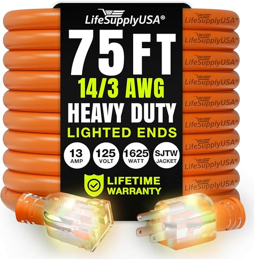 75ft Outdoor/Indoor Extension Cord 14/3 Gauge Heavy Duty 3 Prong SJTW, by LifeSupplyUSA