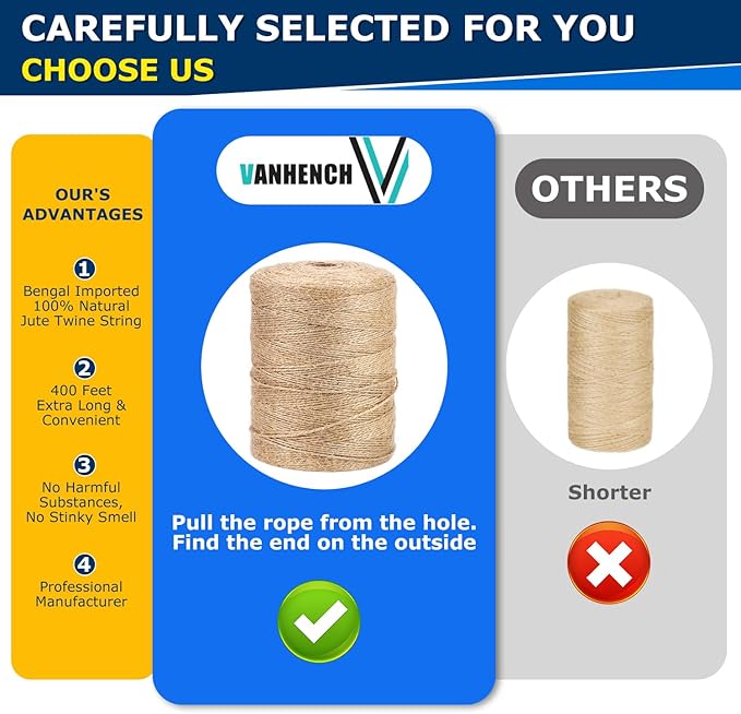 Vanhench 400Feet Natural Jute Twine String, Bulk Hemp Jute Rope Cord Twine - Image 2