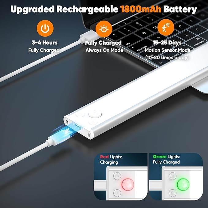 5-Pack Under Cabinet Lighting, 1800mAH Rechargeable Battery Operated Motion - Image 4