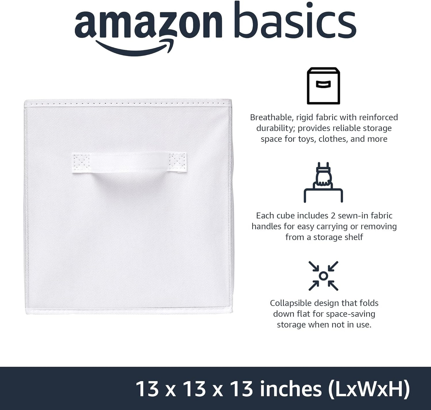 Amazon Basics Cube Organizer Storage Bins Handles, Collapsible Fabric, Pack of 6, 13"x13"x13", White