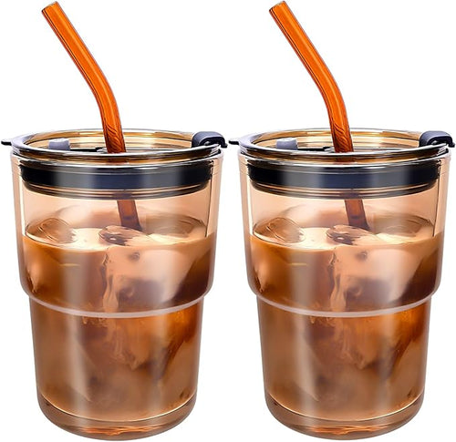 2 PCS Iced Coffee Cups with Lids, 15Oz/450ml Glass Cups With Lids and Straws by WelcomeToColnic