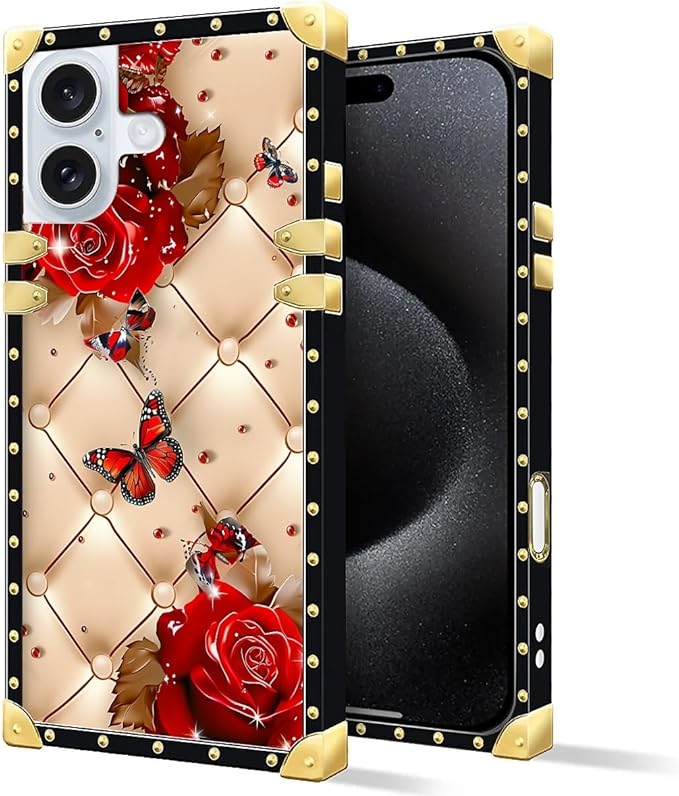 Compatible with iPhone 16 Case, Shining Red Rose Butterfly Leather Background - Image 2