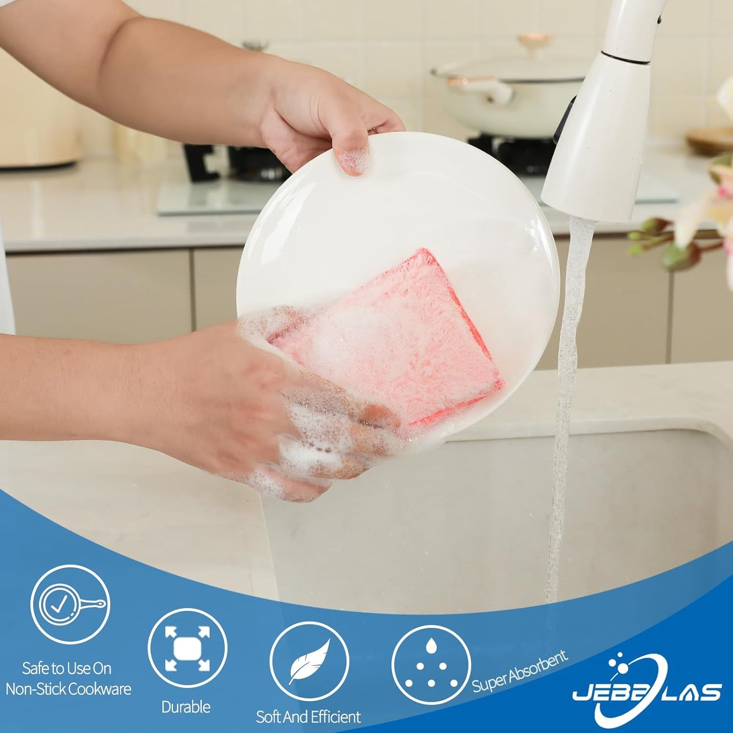 JEBBLAS Bamboo Natural Absorbent Sponges Kitchen Cleaning Sponges Reusable Dish Washing Sponges Beige (8 Pack)