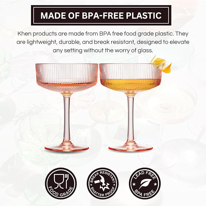 Khen Shatterproof Acrylic Ribbed Vintage Art Deco Martini, Champagne & Cocktail - Image 3