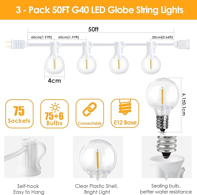 Mlambert 150Ft Outdoor String Lights, Connectable G40 Globe Patio Lights - Image 4