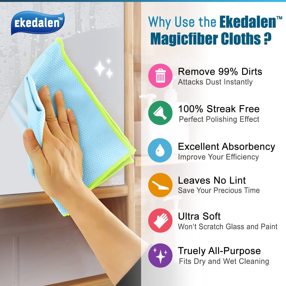 Microfiber Cleaning Cloth Lint Free Glass Cleaner Window Polishing Streak Free Miracle Easy Clean Rag Reusable for Mirror Kitchen Dish Auto Detailing,Pack of 8, 12'' x 16'', Blue and Grey