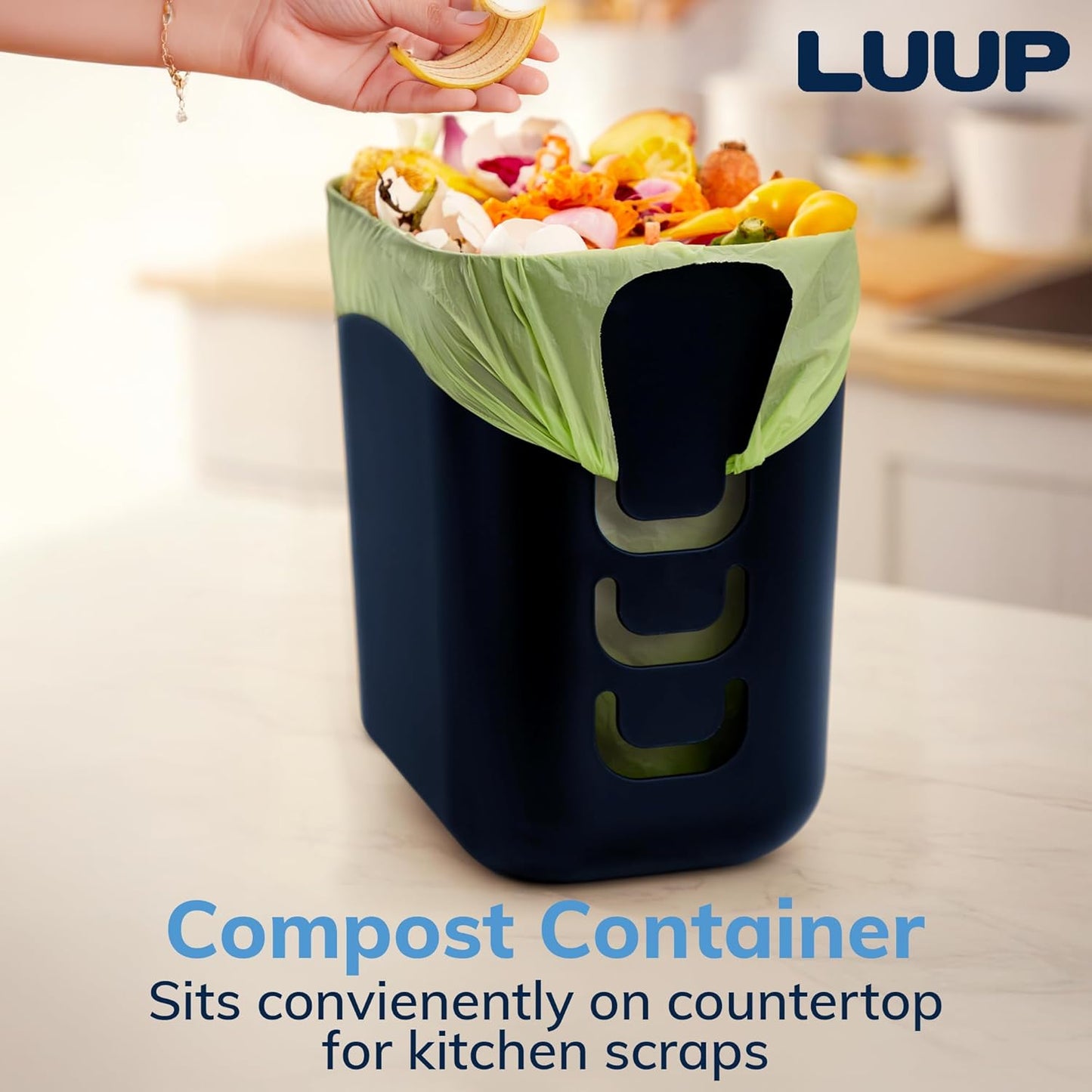 STORi Luup Bathroom Wastebasket, Secure Grocery Bags, Plastic Garbage Container for Vanity, Laundry Room, Kitchen, Office, 2.5 Gallon, Navy, Made in USA