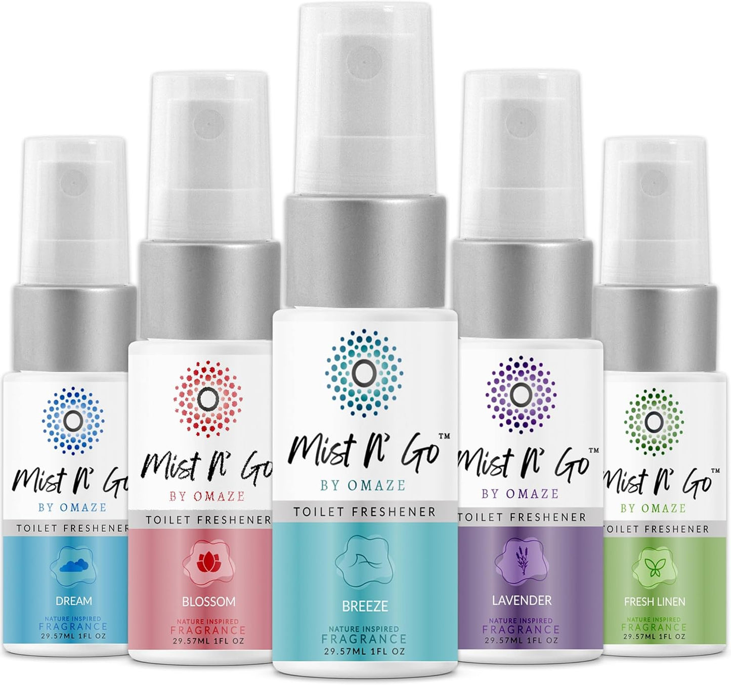 Mist N’ Go by Omaze Travel Bathroom Spray for Toilet Spray Odor Eliminator - Travel Toilet Spray for Bathroom Air Freshener Spray for Bathroom Deodorizer - Mix All, Travel Size (1oz x5)