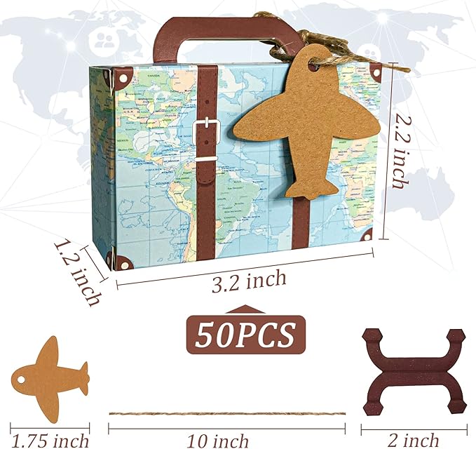 50Pcs Party Favor Candy Box, World Map Mini Suitcase Favor Box, Vintage Kraft - Image 2