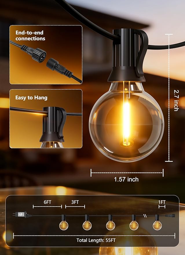 Brightown Outdoor String Lights, 55FT 17 G40 Bulbs Shatterproof Patio Lights - Image 8