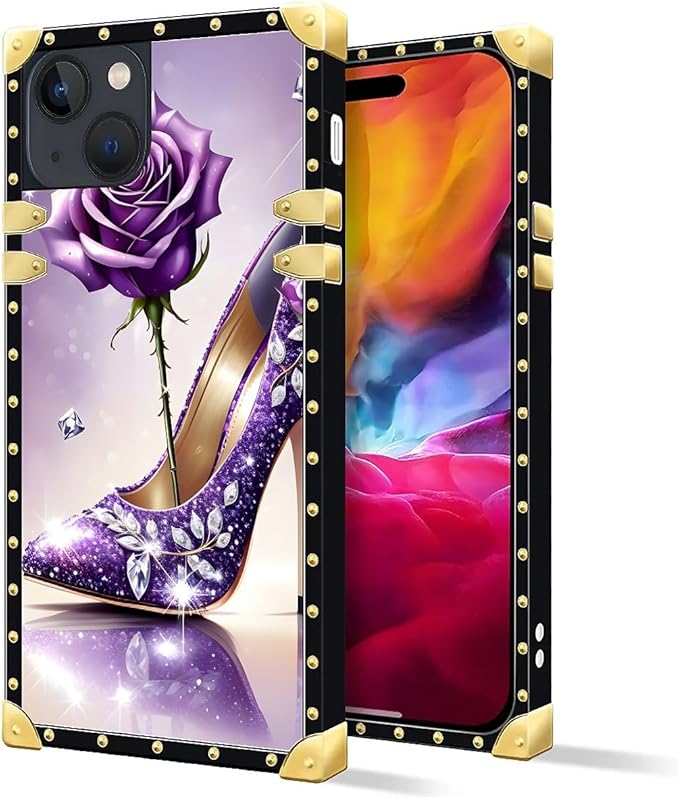 Compatible with iPhone 15 Case, High Heeled Purple Diamond Rose Luxury Golden - Image 2