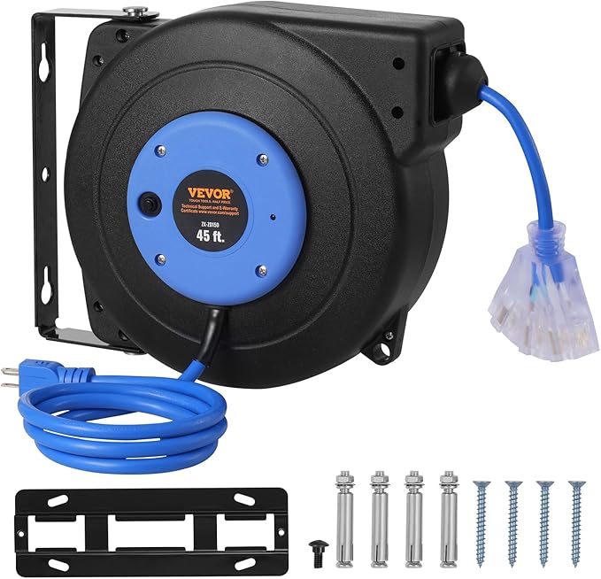 VEVOR Retractable Extension Cord Reel, 45 FT, Heavy Duty 12AWG/3C SJTOW - Image 9