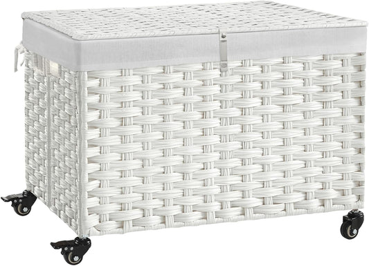 Rolling Storage Basket with Lid, 47.6 Gallon (180L) Storage Bin with Wheels, Woven Rattan Blanket Storage Basket with Handles, Foldable, Metal Frame, Removable Liner for Bedroom, Laundry Room, White