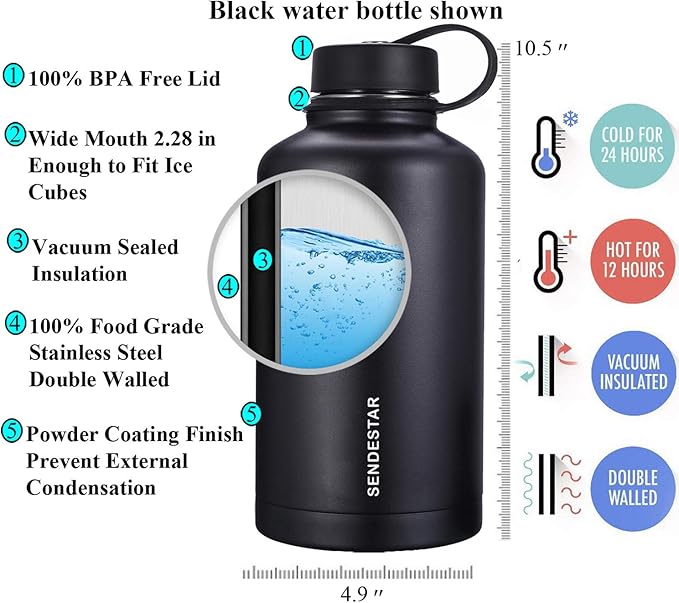 SENDESTAR 64 oz Water Bottle Double Wall Vacuum Insulated Leak Proof Stainless - Image 2
