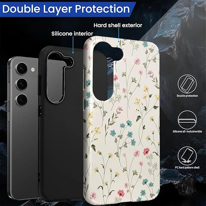 for Samsung Galaxy S23 Case, HL2 Beige Flower Branch Hybrid 2 Layer Hard Shell - Image 2