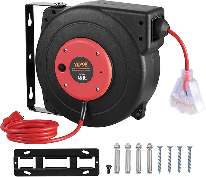 VEVOR Retractable Extension Cord Reel, 45 FT, Heavy Duty 12AWG/3C SJTOW - Image 9