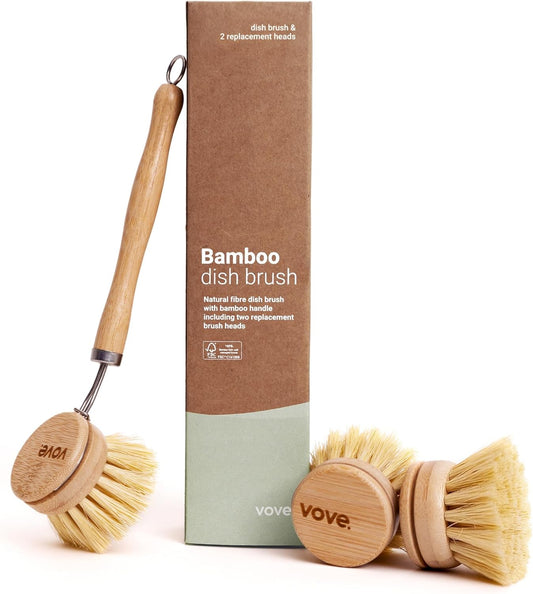 Vove Bamboo Dish Brush, FSC-Certified - Includes 3 Replacement Heads - Natural Fiber Bristles - Non-Toxic, Plastic-Free - Scrub Brush for Pots, Pans & Dishes