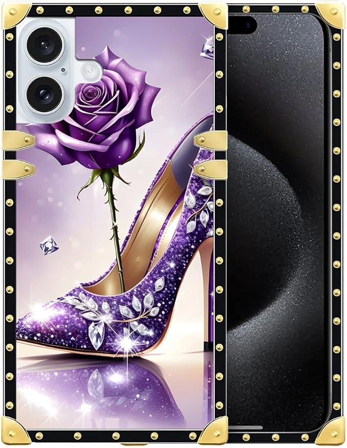 Compatible with iPhone 16 Case, High Heeled Purple Diamond Rose Luxury Golden by Unknown
