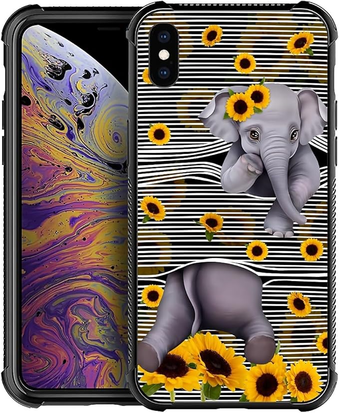 for iPhone X/Xs Case, Cute Little Elephant Sunflower White Line Art Pattern by FKBRCL4U