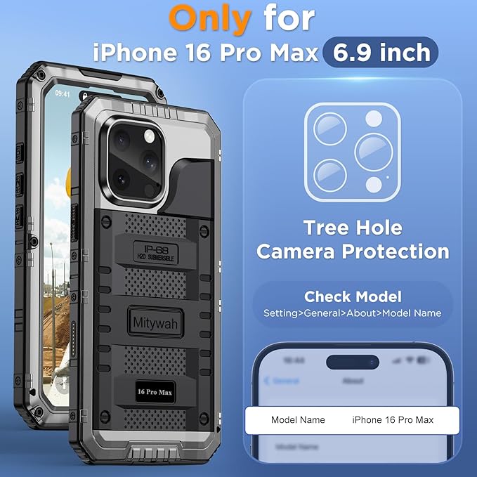 Mitywah Waterproof Case for iPhone 16 Pro Max, Heavy Duty Metal Cover - Image 2
