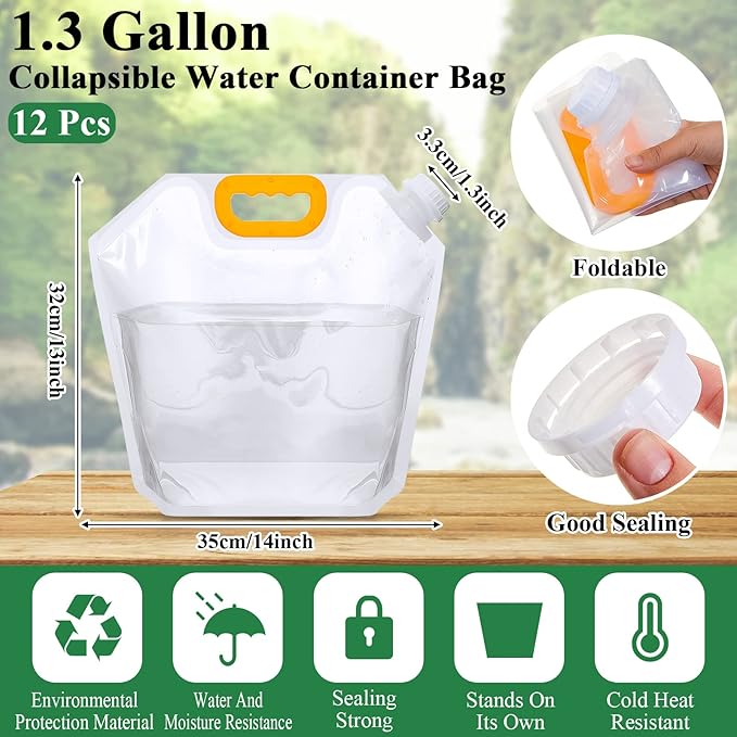 Tessco for you 12 Pack 1.3 Gallon Collapsible Water Storage Bag Water Container - Image 2
