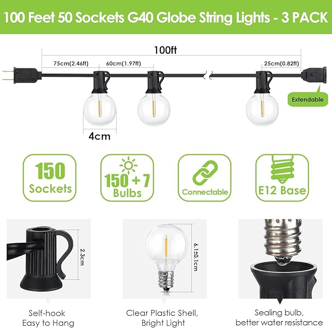 Mlambert 300Ft LED Outdoor String Lights Dimmable Waterproof G40 Globe Patio - Image 2