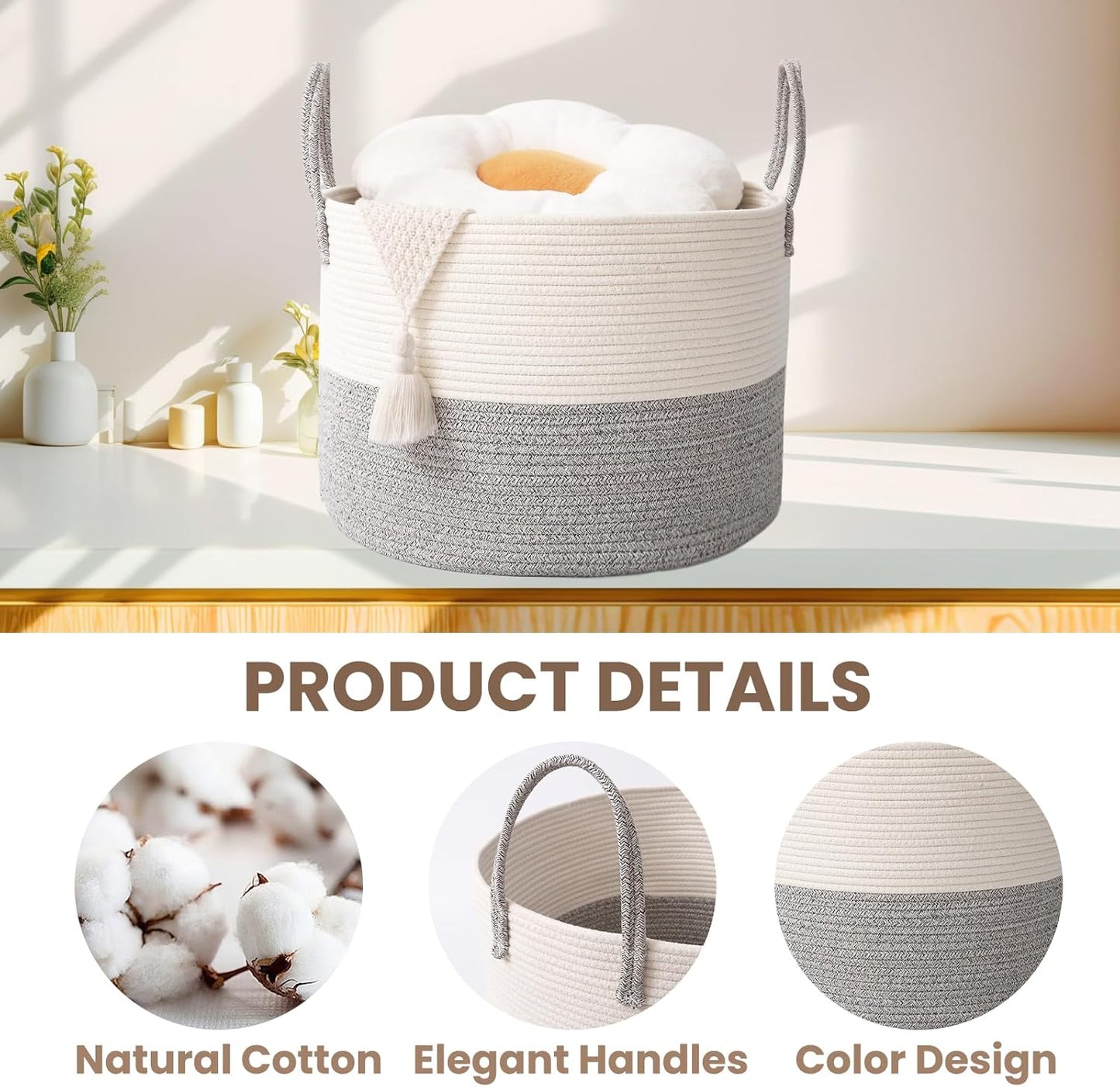 Woven Blanket Basket,115L Large Rope Storage Bin with Handles, Organizer for Blankets Toys Book and Clothes, Laundry Basket for Living Room Bedroom Nursery,White&Grey